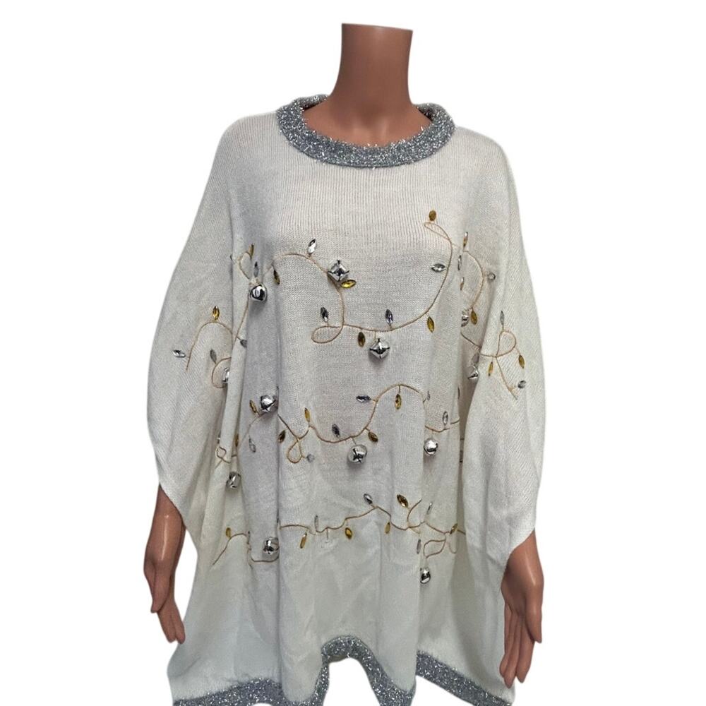 Christmas poncho sweater with gold glitter trim and bell gemstone sz os